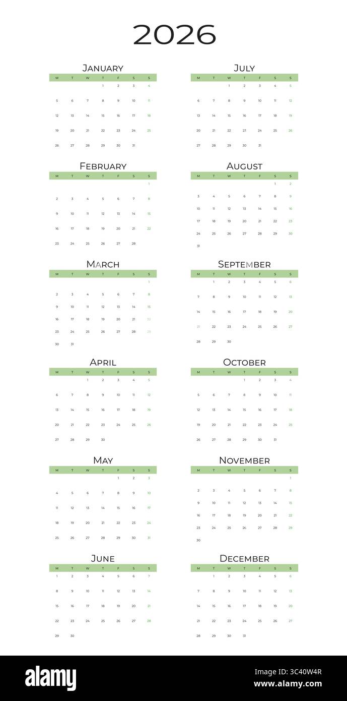Vertical Calendar For 2026 In Progress That Starts On Monday Stock ...