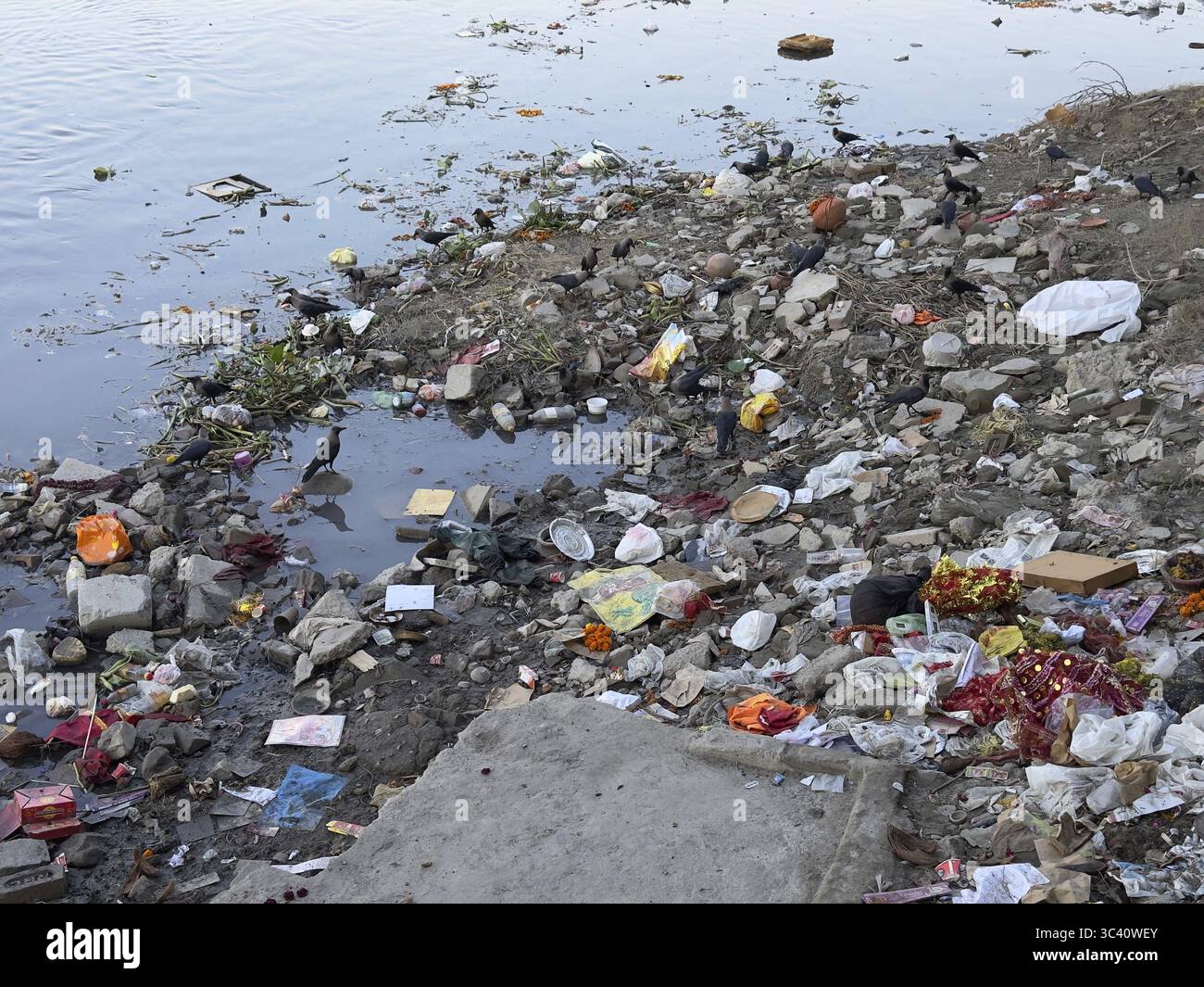 Littered riverbanks with rubbish and rubbish, a representation of ...