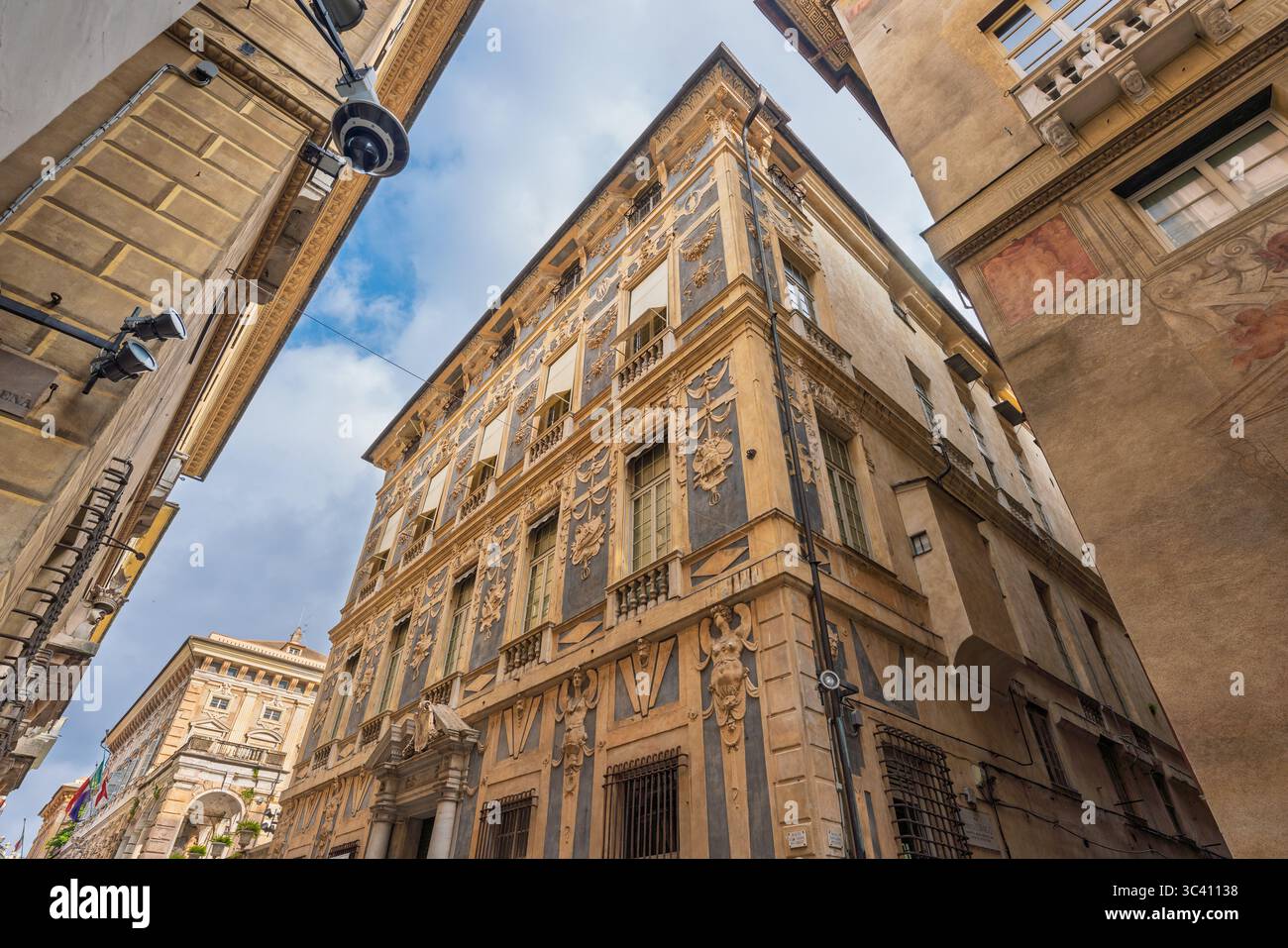 Genoa, Italy. June 8, 2025. Sunlight illuminates the ornate facade of ...
