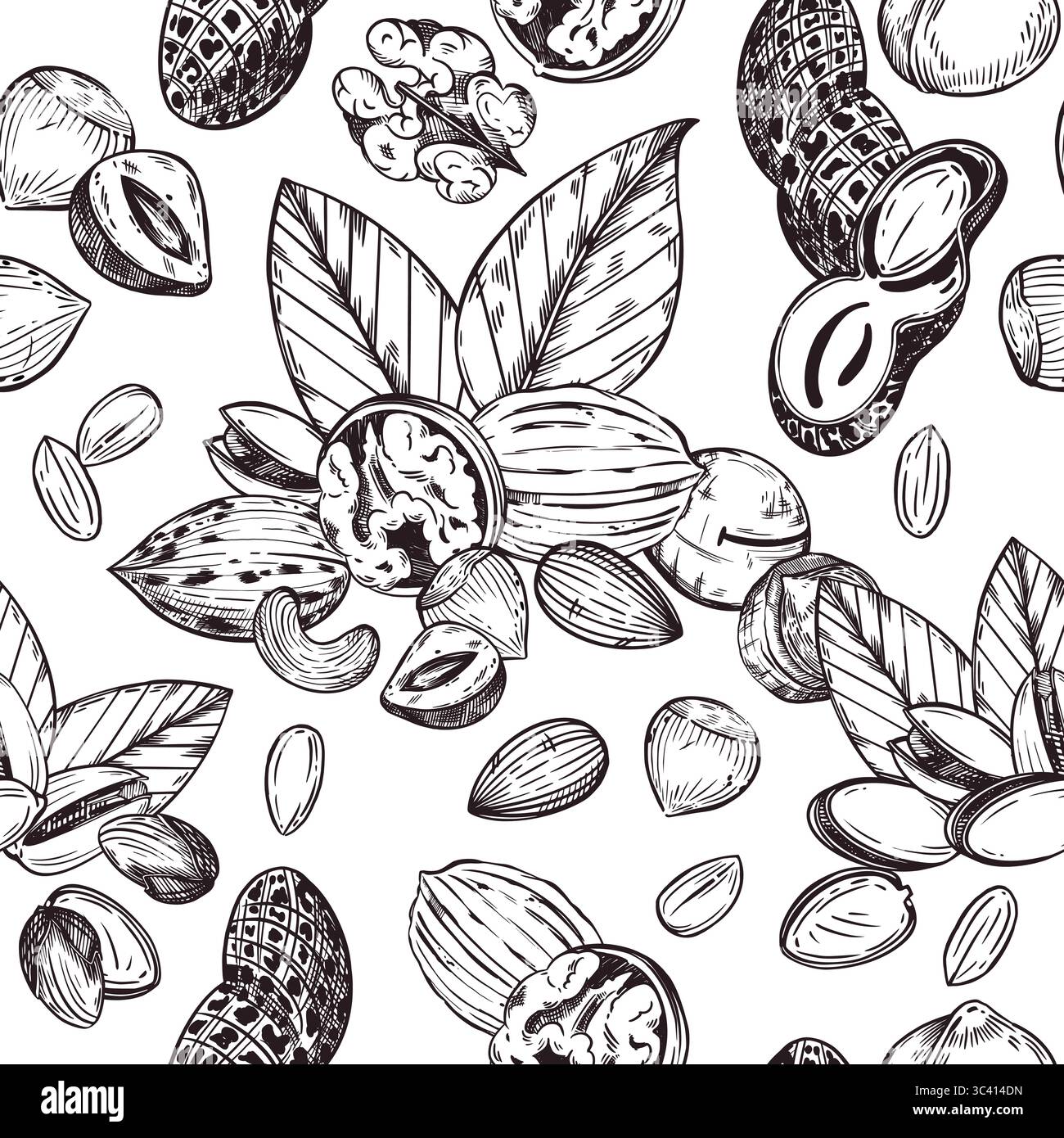 Seamless vector pattern of nuts, pistachios, walnuts, peanuts, hazelnuts, tree leaves. All objects are hand-drawn with ink. The illustration is Stock Vector
