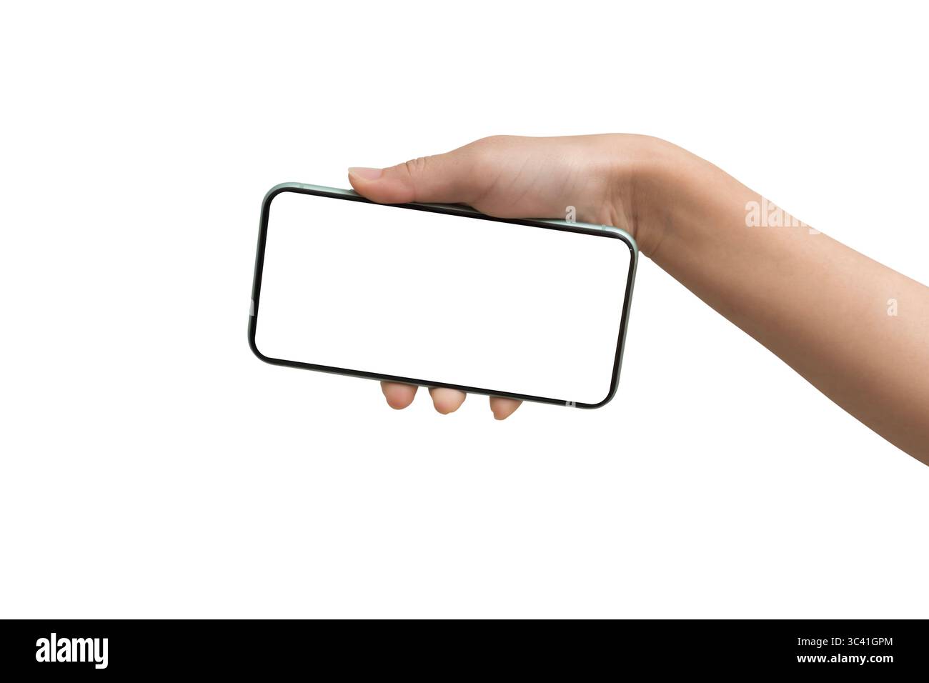 A human hand holding a smartphone with a blank white screen in ...