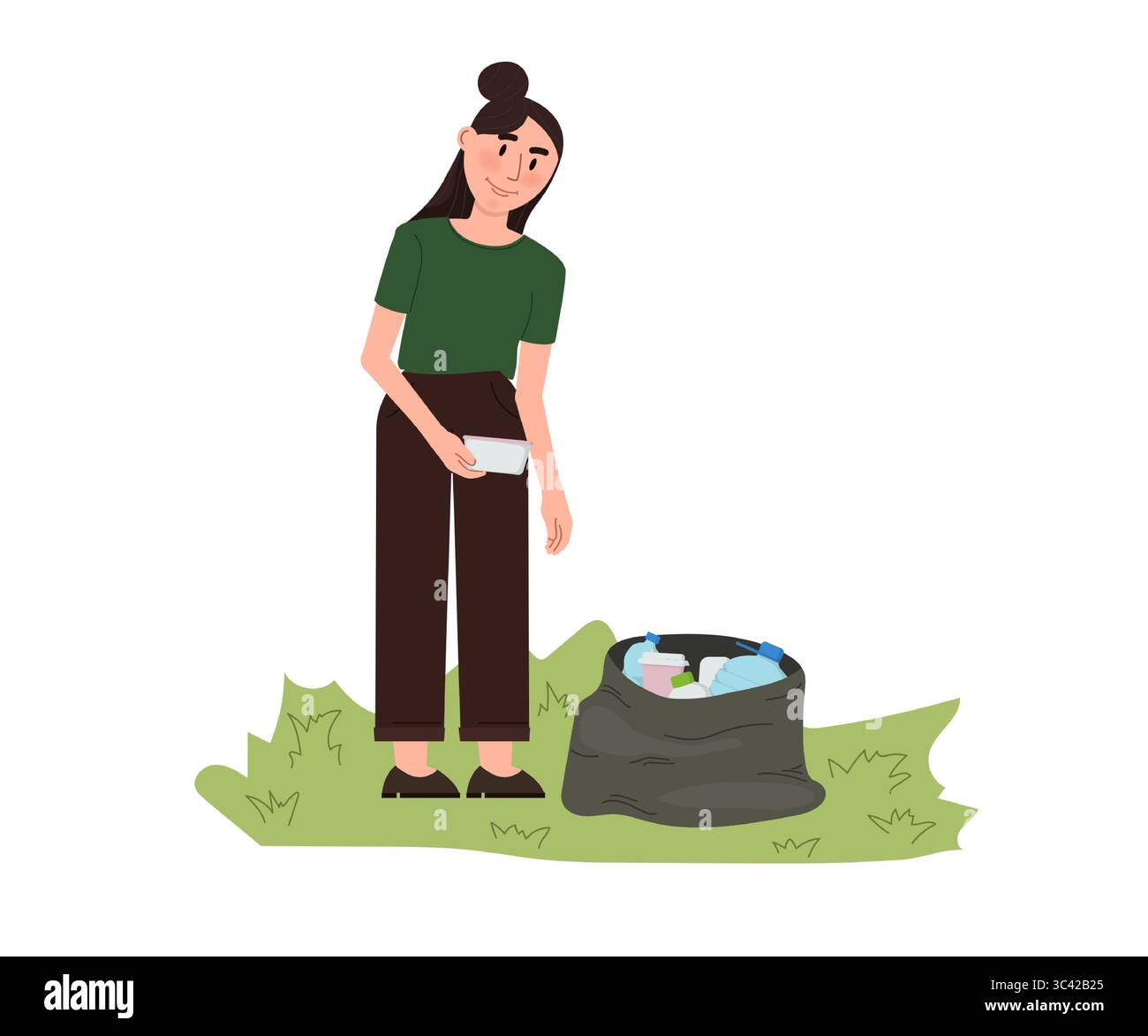 Young woman volunteer collecting trash in garbage bag in park, participating in environmental cleaning campaign, promoting environmental awareness and Stock Vector