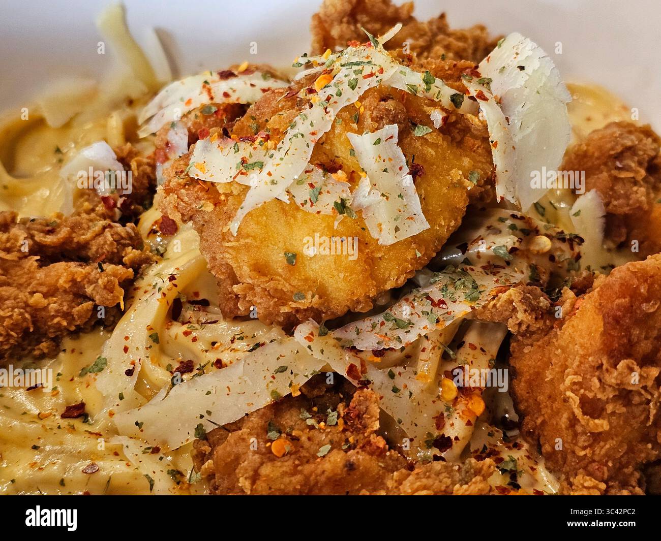 Spaghetti with Fried Chichen - Smartphone Captured Stock Image