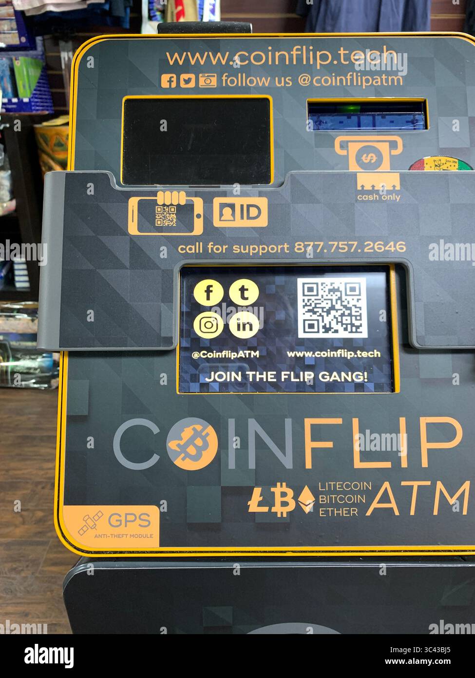 New York, USA. A Bitcoin ATM is advertised in the window of a New York city  deli. Photo by Enrique Shore Stock Photo - Alamy