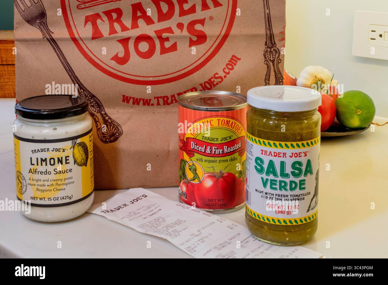 Kitchen counter with store brand products and Trader Joe's shopping bag,  USA  2025 Stock Photo