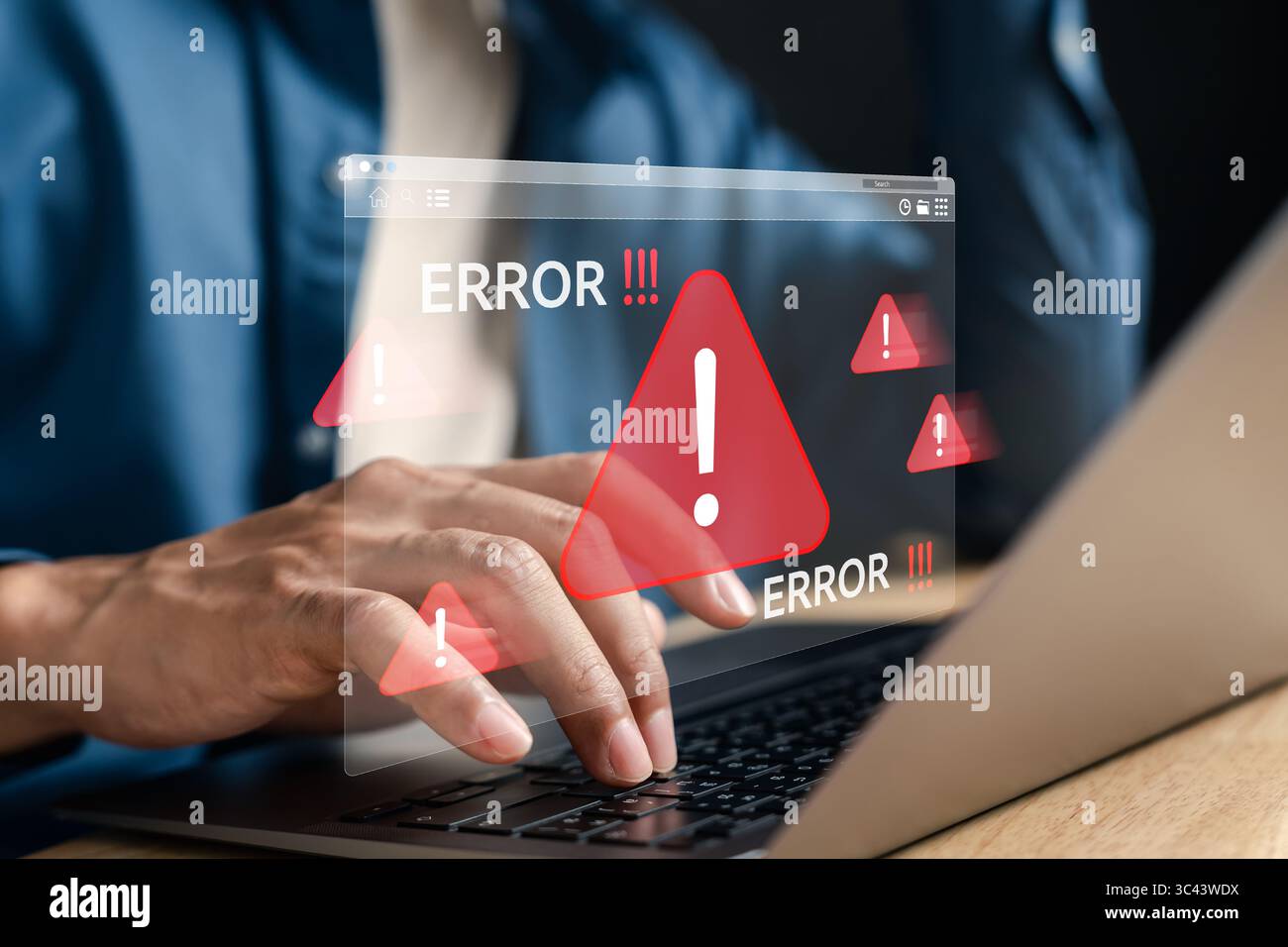 Website error warning and system alert notification. Red danger triangle with exclamation mark on Stock Photo