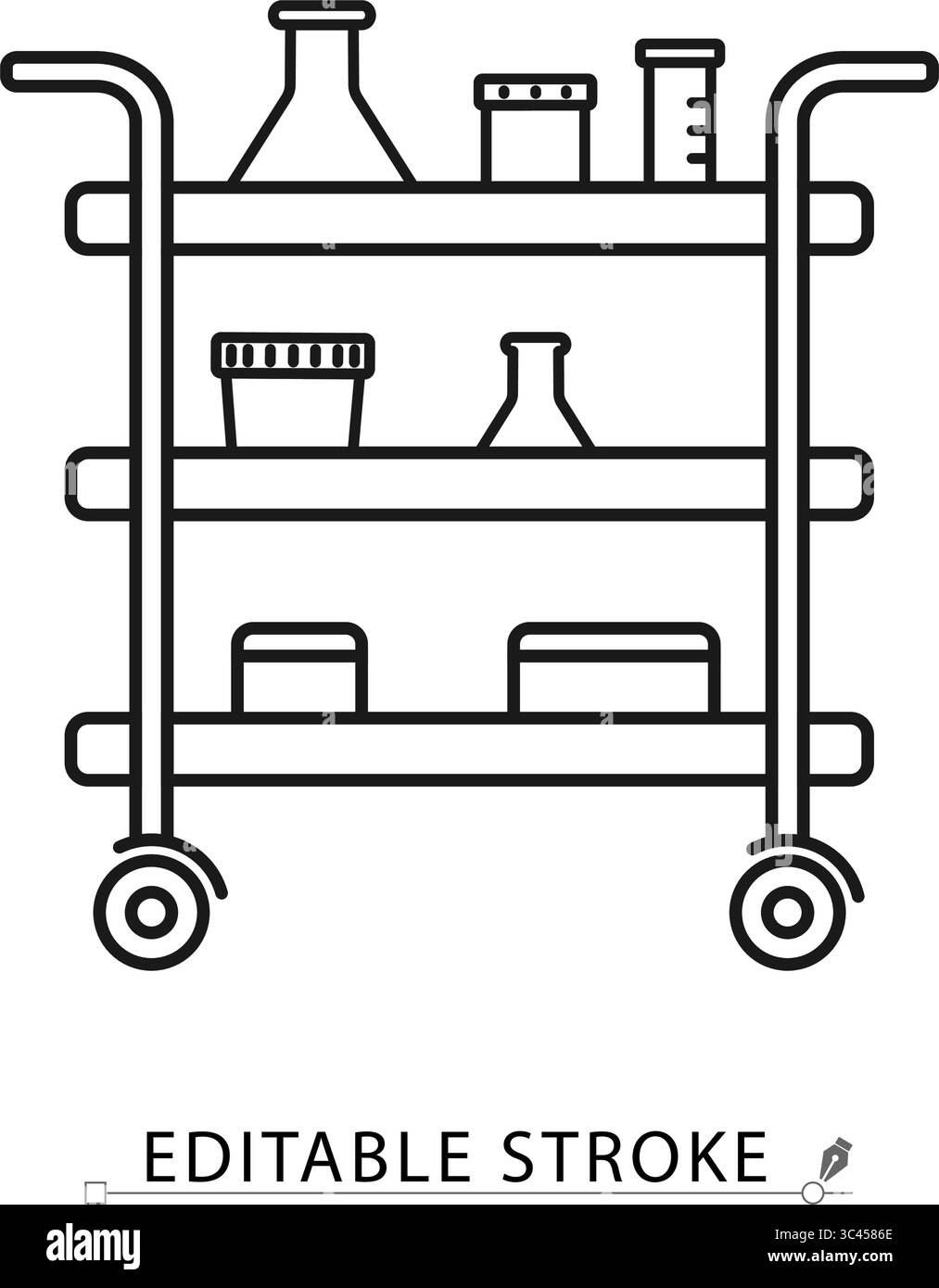 Lab cart icon in editable stroke. Laboratory trolley outline vector with shelves and glassware. Mobile science equipment for experiments, test tube Stock Vector