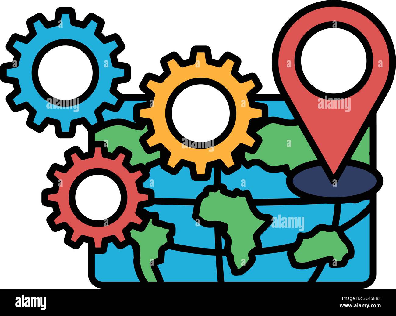 A map of the world with a red dot - A Map Of The World With A Red Dot On It The Map Is Surrounded By Gears The Gears Are Of Different Colors And Sizes 3C45EB3