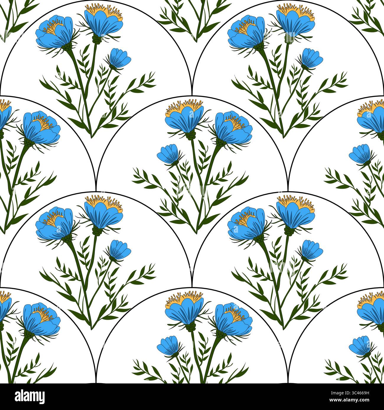 A vector seamless floral pattern featuring blue flowers with yellow ...