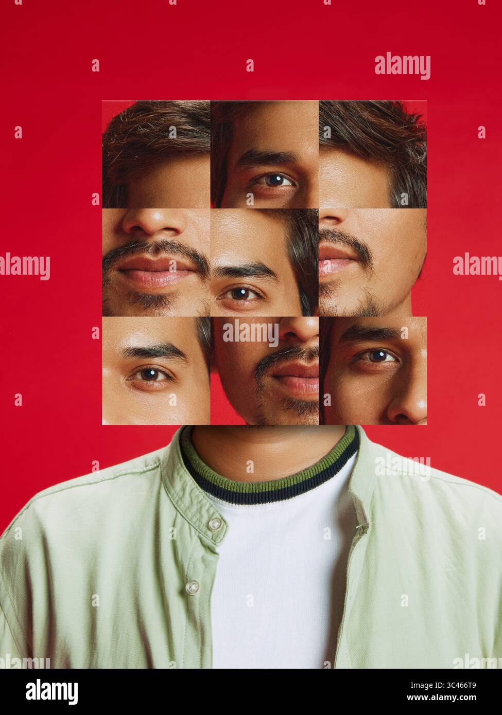 Bright artwork of fragmented young man's face on red background wearing ...