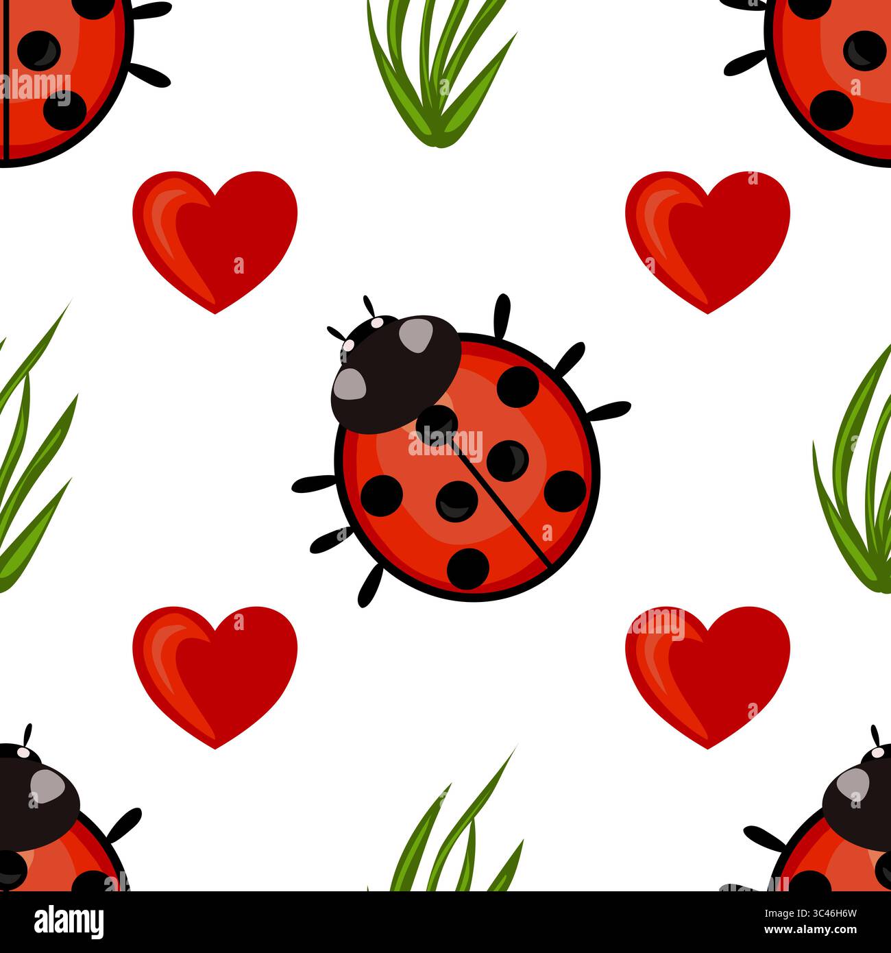 A whimsical vector pattern featuring cartoon ladybugs and red hearts on a white background, complemented by green grass elements. Stock Vector