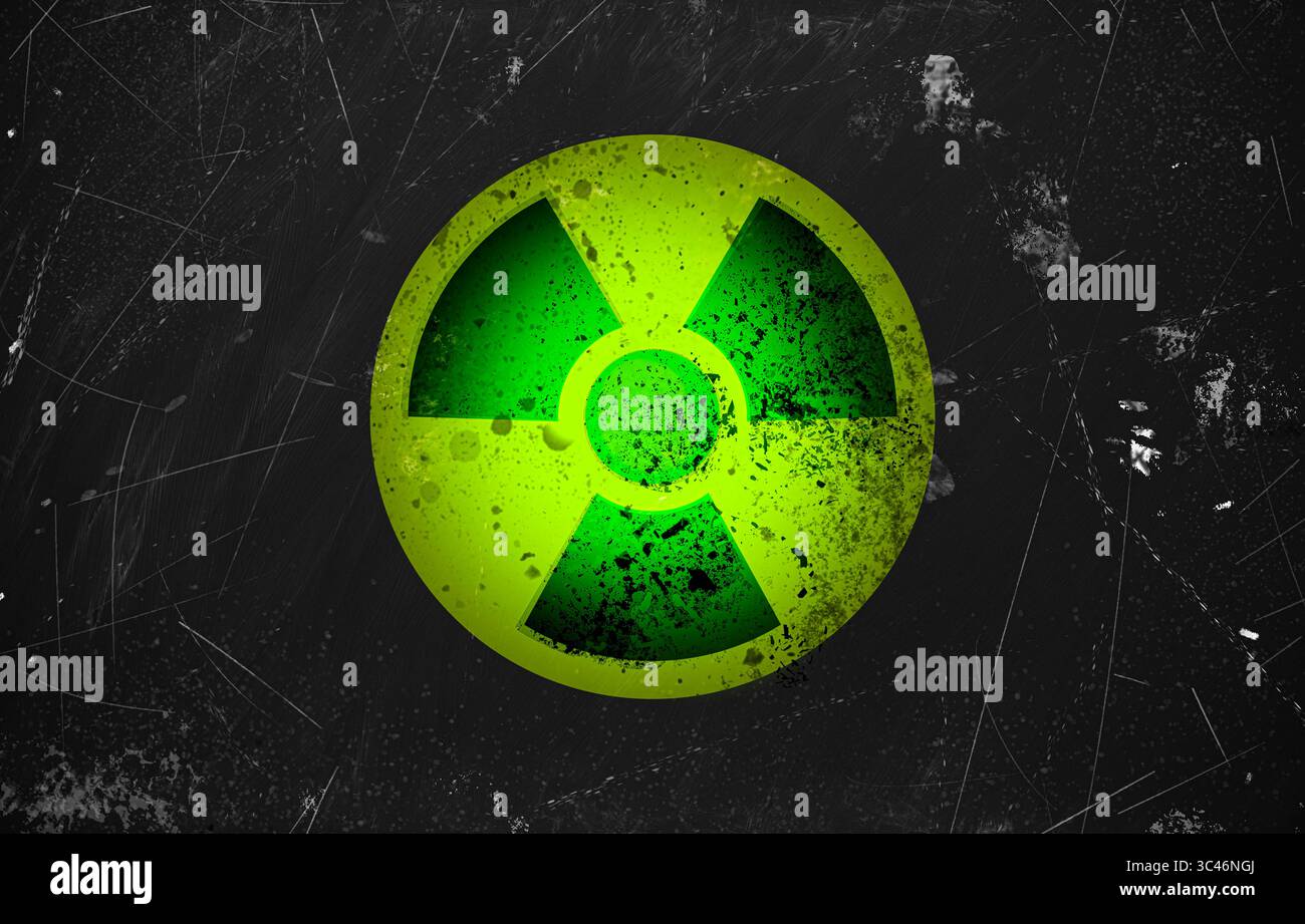Radioactive sign on black textured surface. Radiological pollution Stock Photo