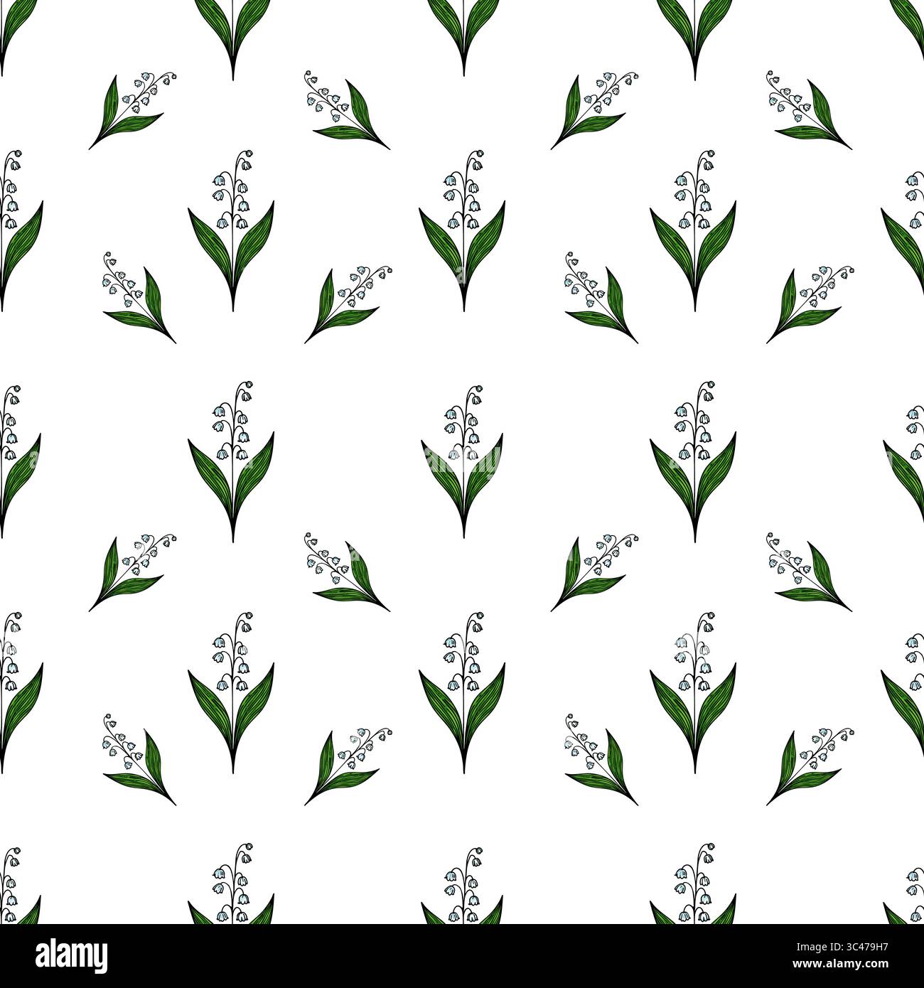 A vector seamless pattern featuring delicate lily of the valley flowers with green leaves on a white background. The design is elegant and suitable fo Stock Vector