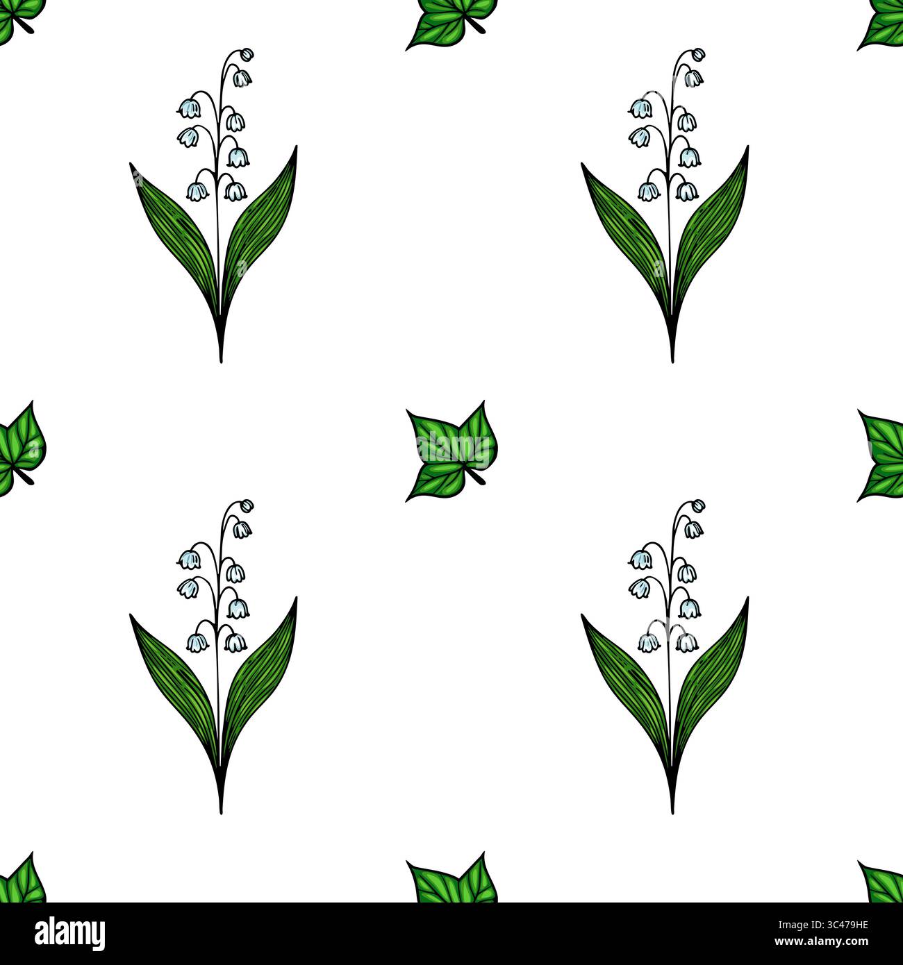 A vector seamless pattern featuring white lily of the valley flowers with green leaves on a white background. The design is elegant and suitable for t Stock Vector