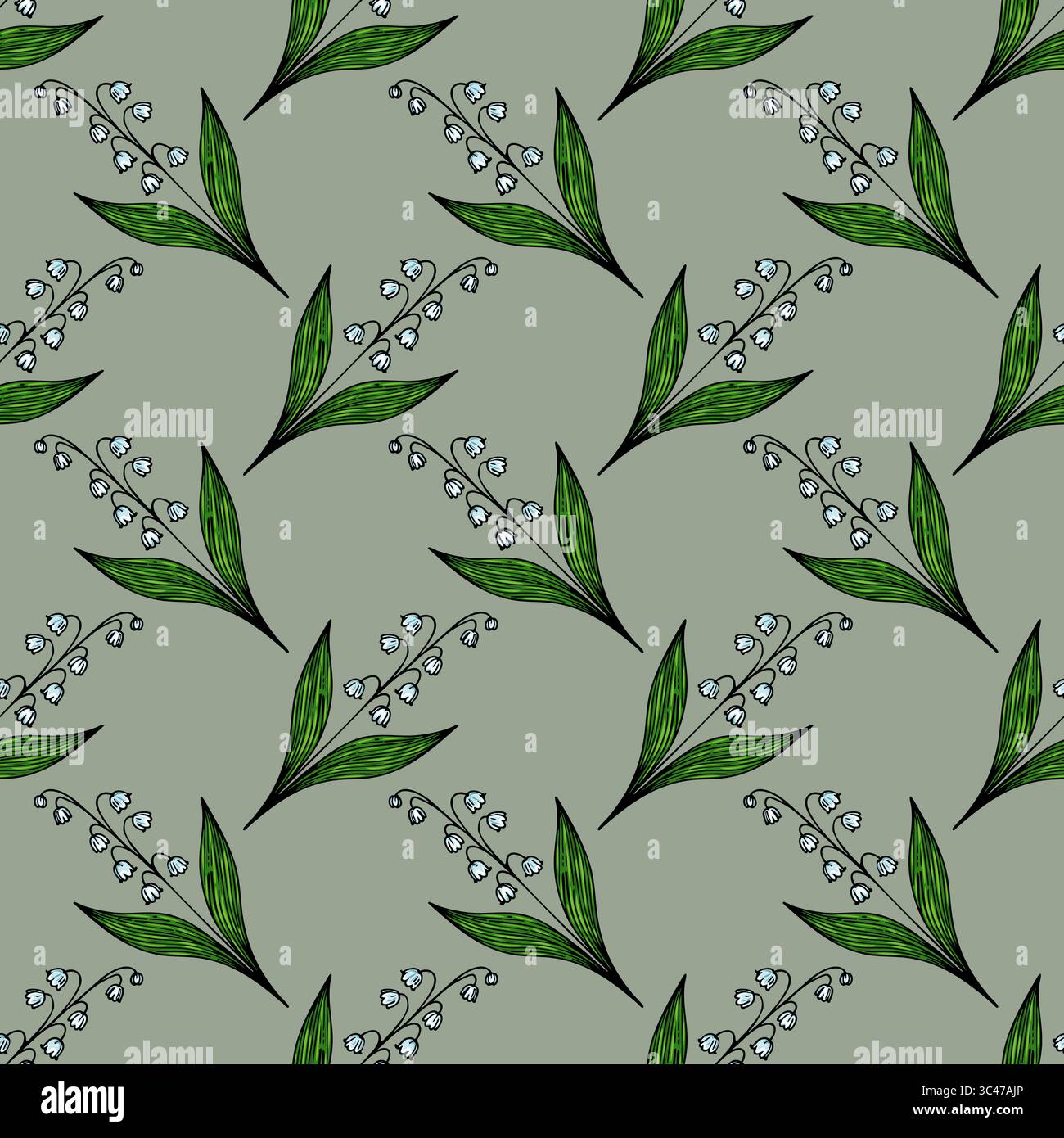 A vector seamless pattern featuring delicate lily of the valley flowers with green leaves on a muted green background. The design is elegant and flora Stock Vector