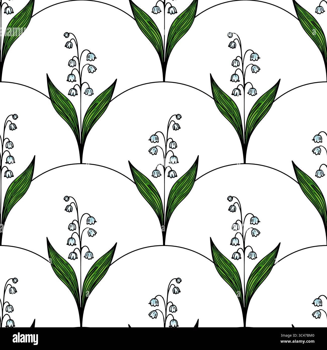 A vector seamless pattern featuring stylized lily of the valley flowers with green leaves on a white background. The design is repetitive and elegant, Stock Vector