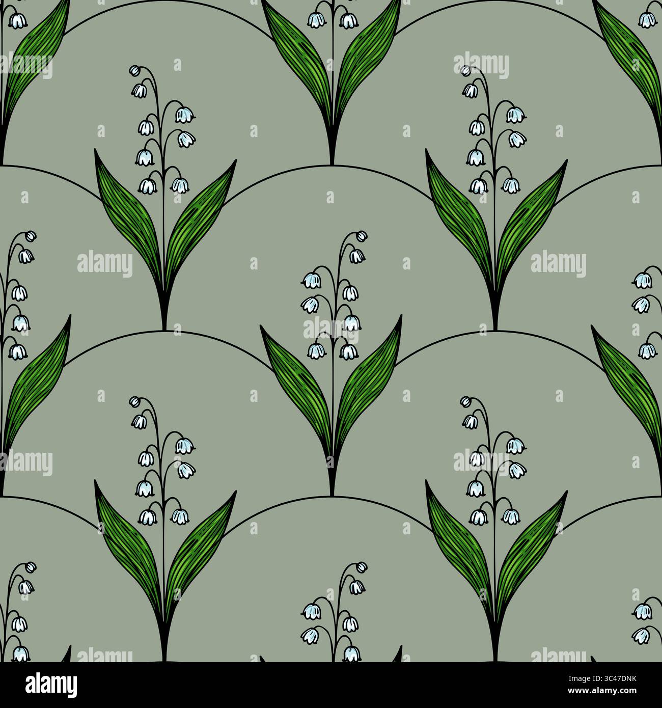 A vector seamless pattern featuring stylized lily of the valley flowers with green leaves on a muted green background. The design is elegant and suita Stock Vector