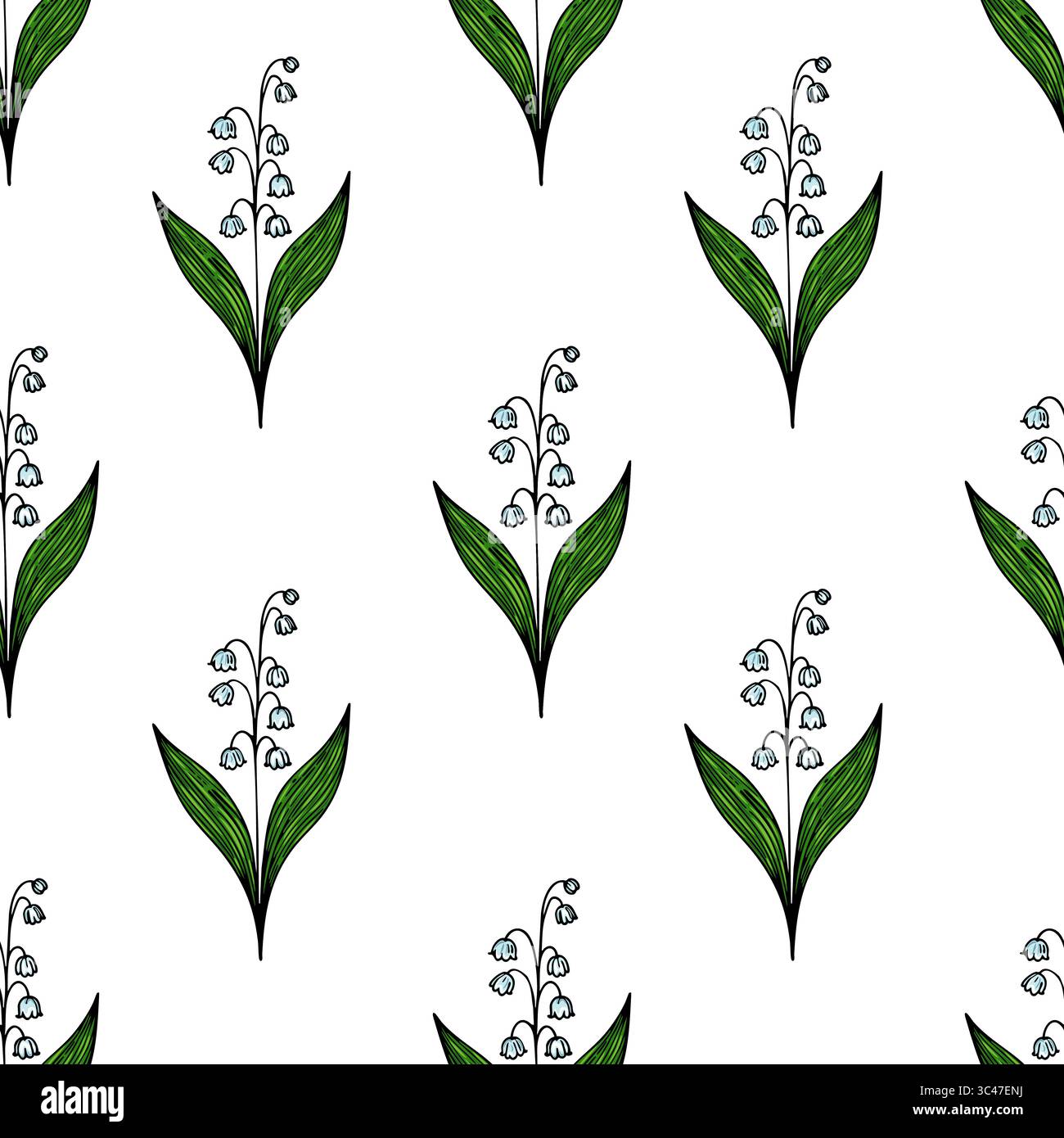 A vector seamless pattern featuring delicate lily of the valley flowers with green leaves on a white background. Stock Vector
