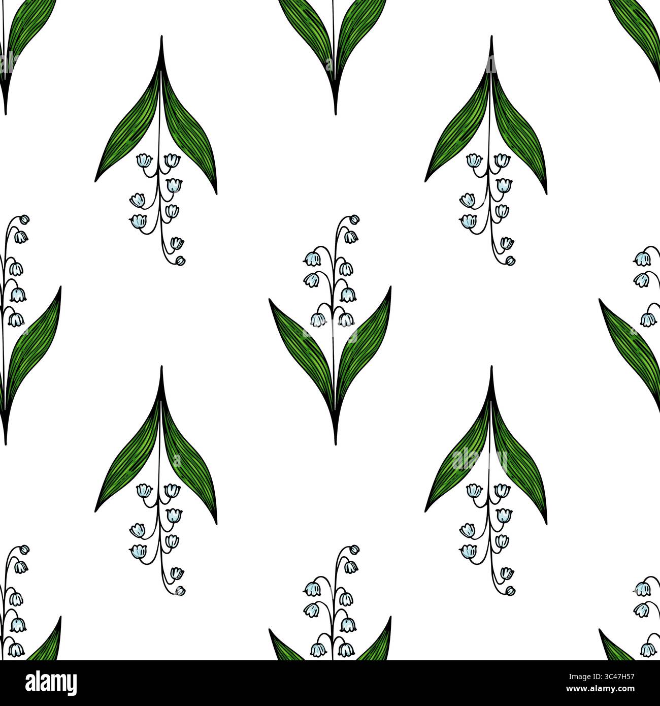 A vector seamless pattern featuring stylized lily of the valley flowers with green leaves on a white background. The design is elegant and suitable fo Stock Vector