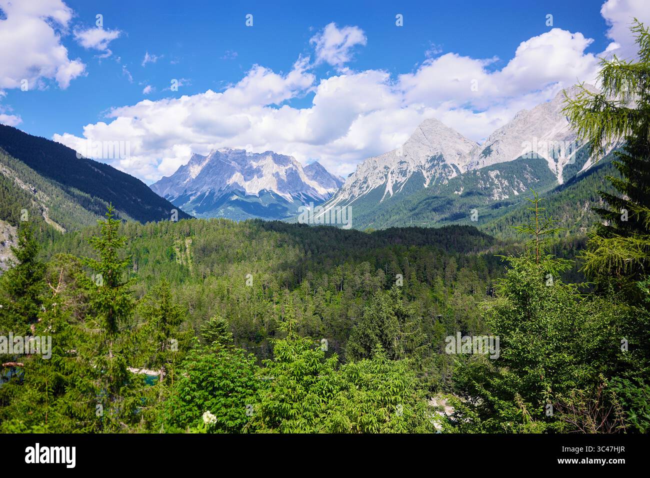 Lush alpine valley with mountain backdrop Stock Photo - Alamy