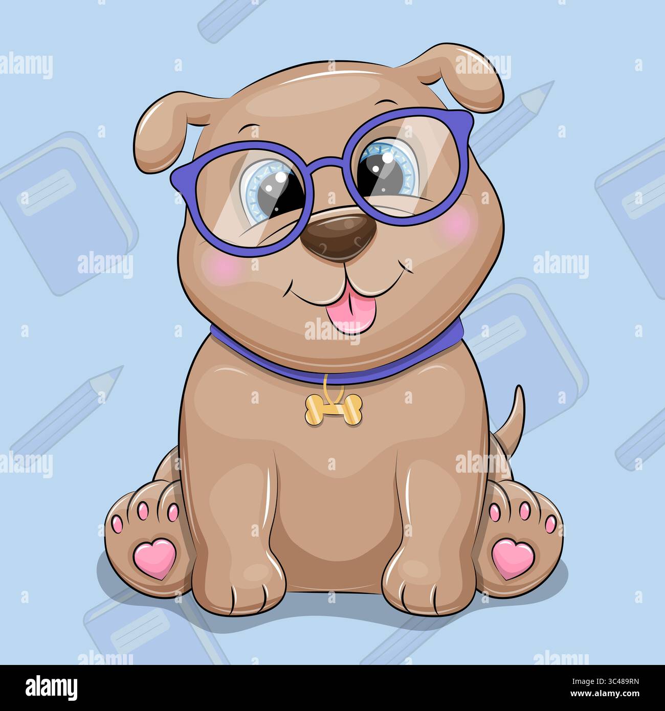 Cute Cartoon Dog with Glasses. Vector Illustration of animal on a blue ...