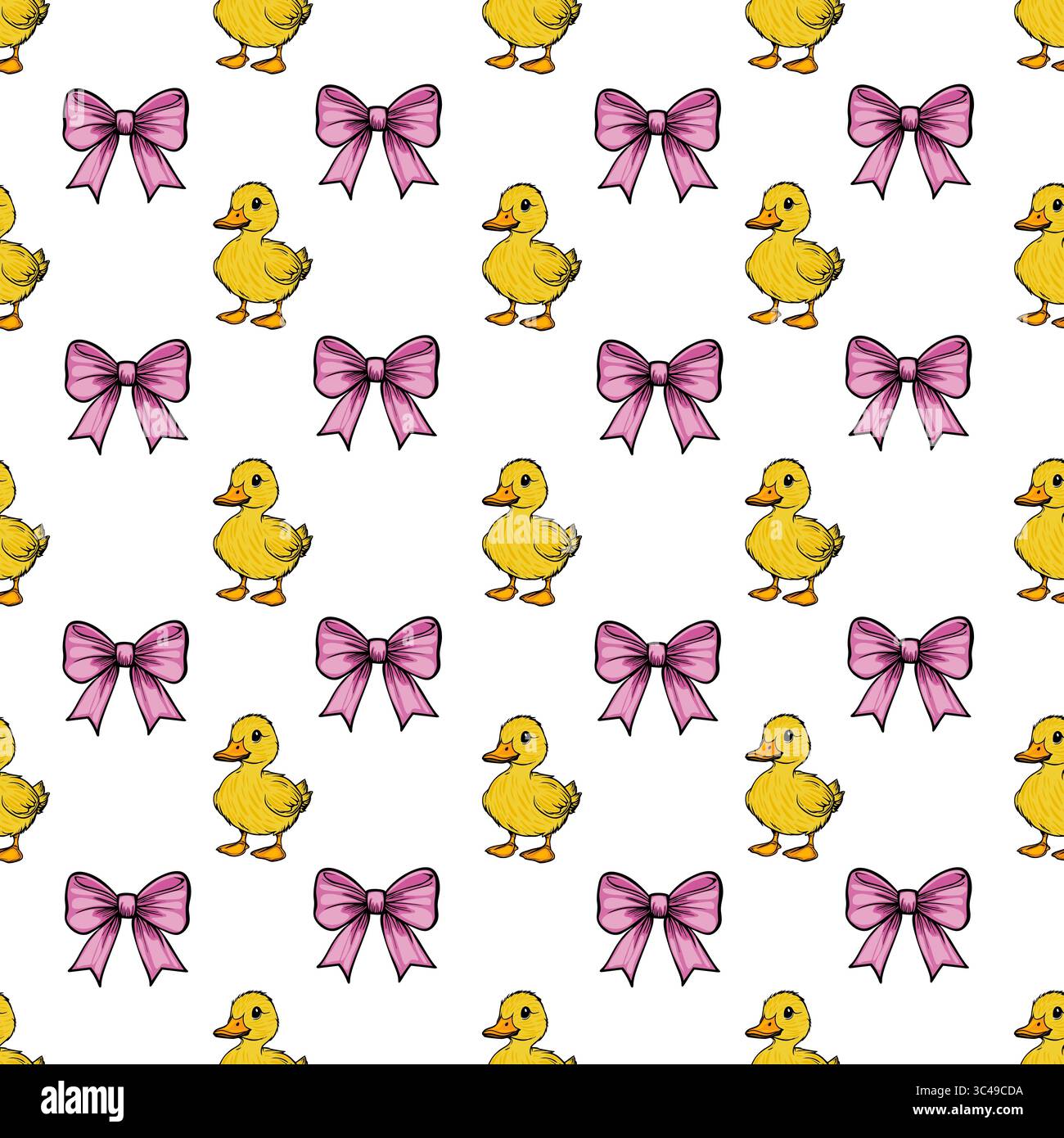 A vector repeating pattern featuring cute yellow ducklings and pink bows on a white background. Stock Vector