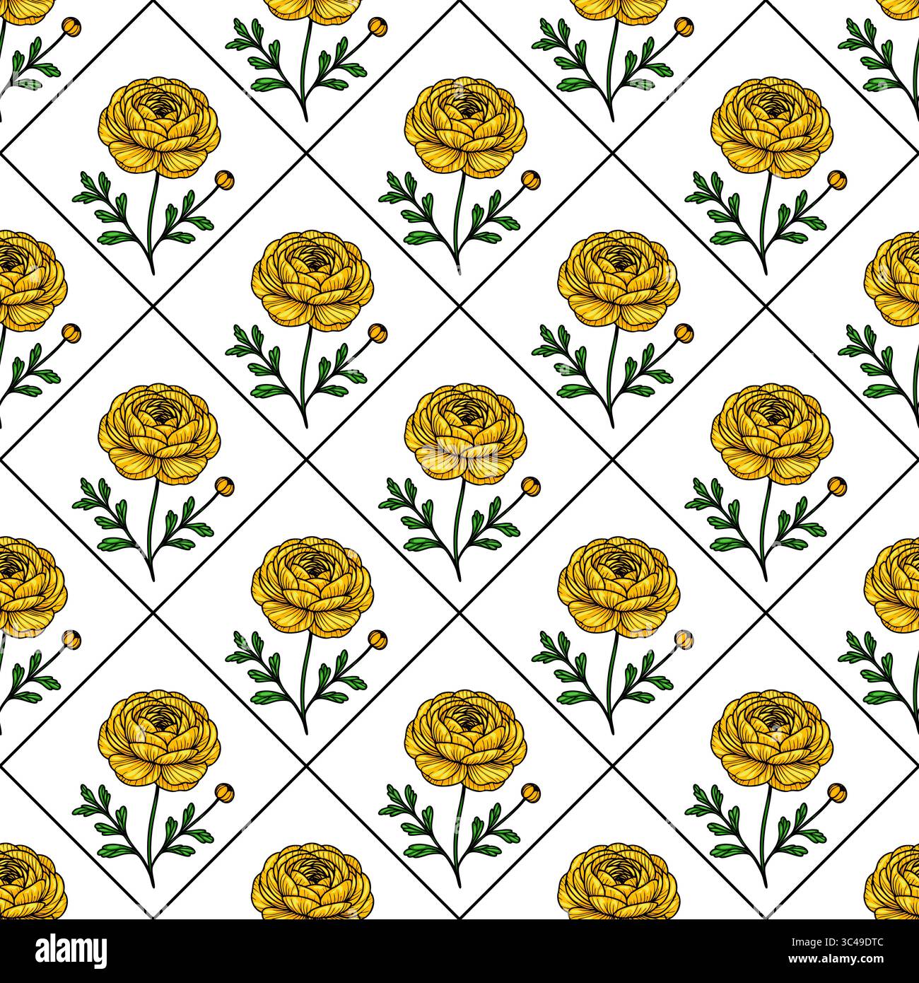 A vector seamless pattern featuring yellow flowers with green leaves on a white background, arranged in a diamond grid layout. Stock Vector