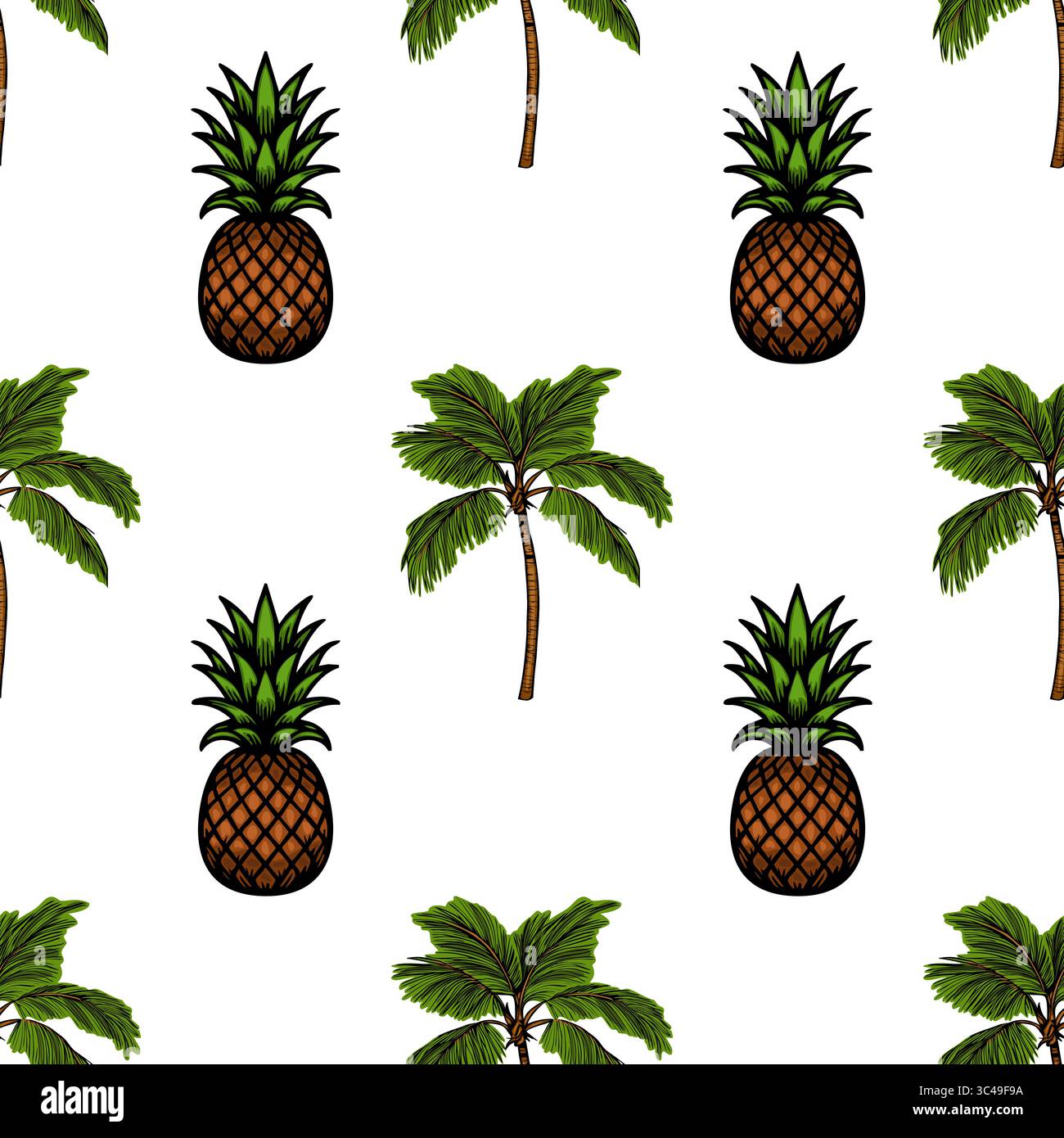 A vector seamless pattern featuring pineapples and palm trees on a white background. The pineapples are illustrated with a brown body and green leaves Stock Vector