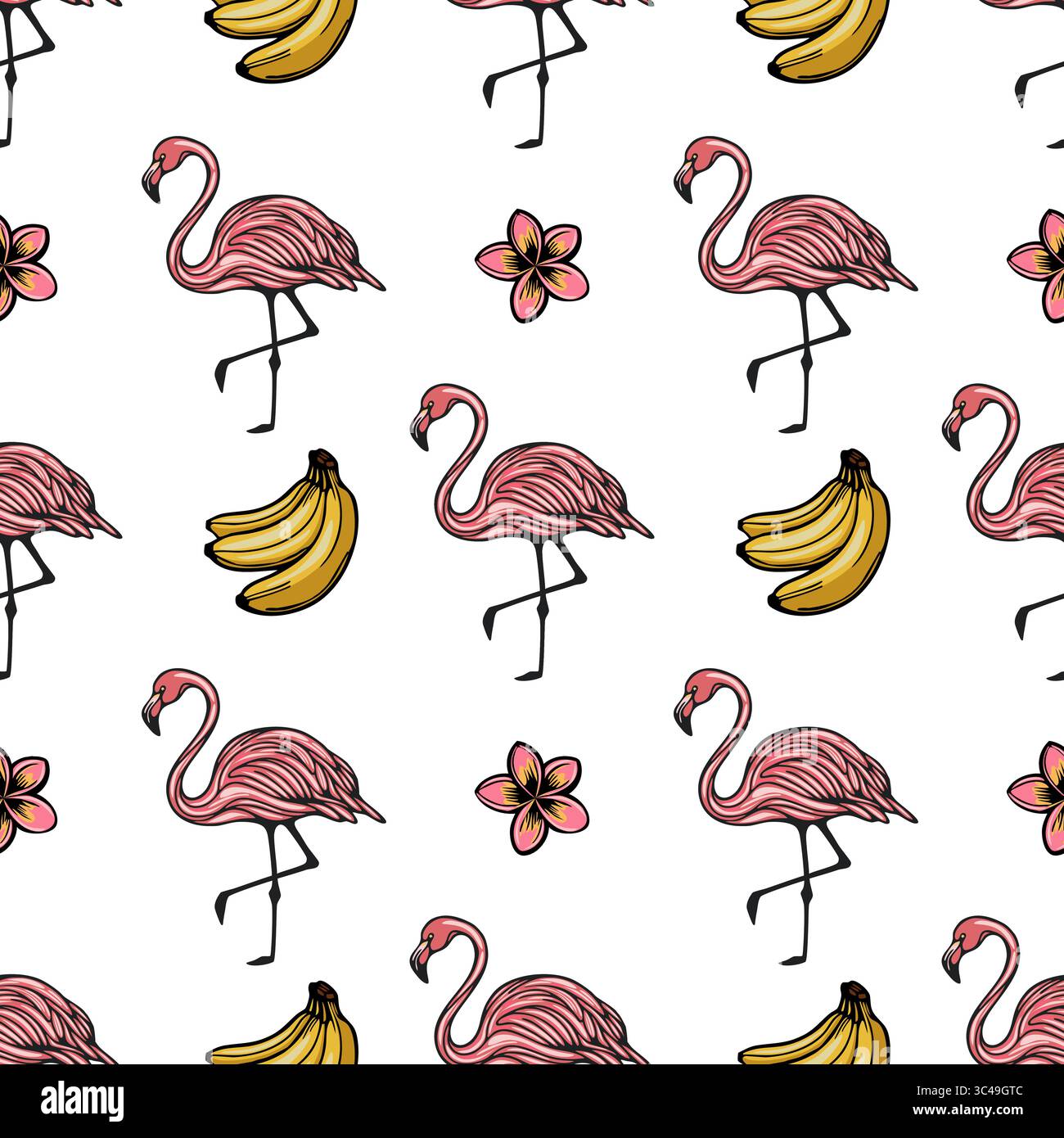 A vector seamless pattern featuring pink flamingos, yellow bananas, and pink plumeria on a white background. The design is playful and tropical, perfe Stock Vector