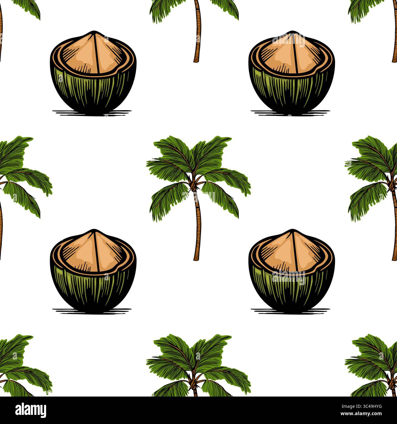 A vector seamless pattern featuring coconut halves and palm trees on a white background. Stock Vector