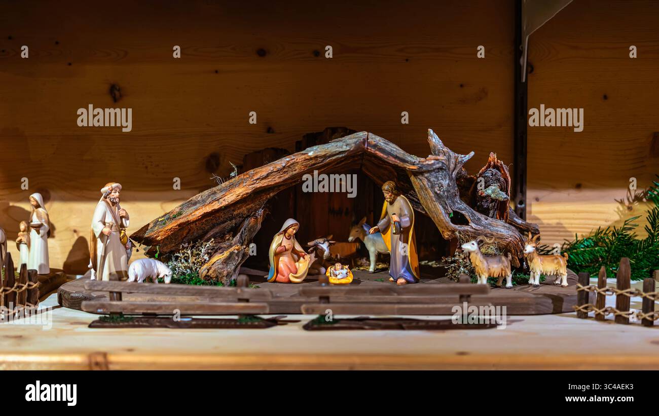 Christmas nativity scene with figurines. Traditional nativity scene ...