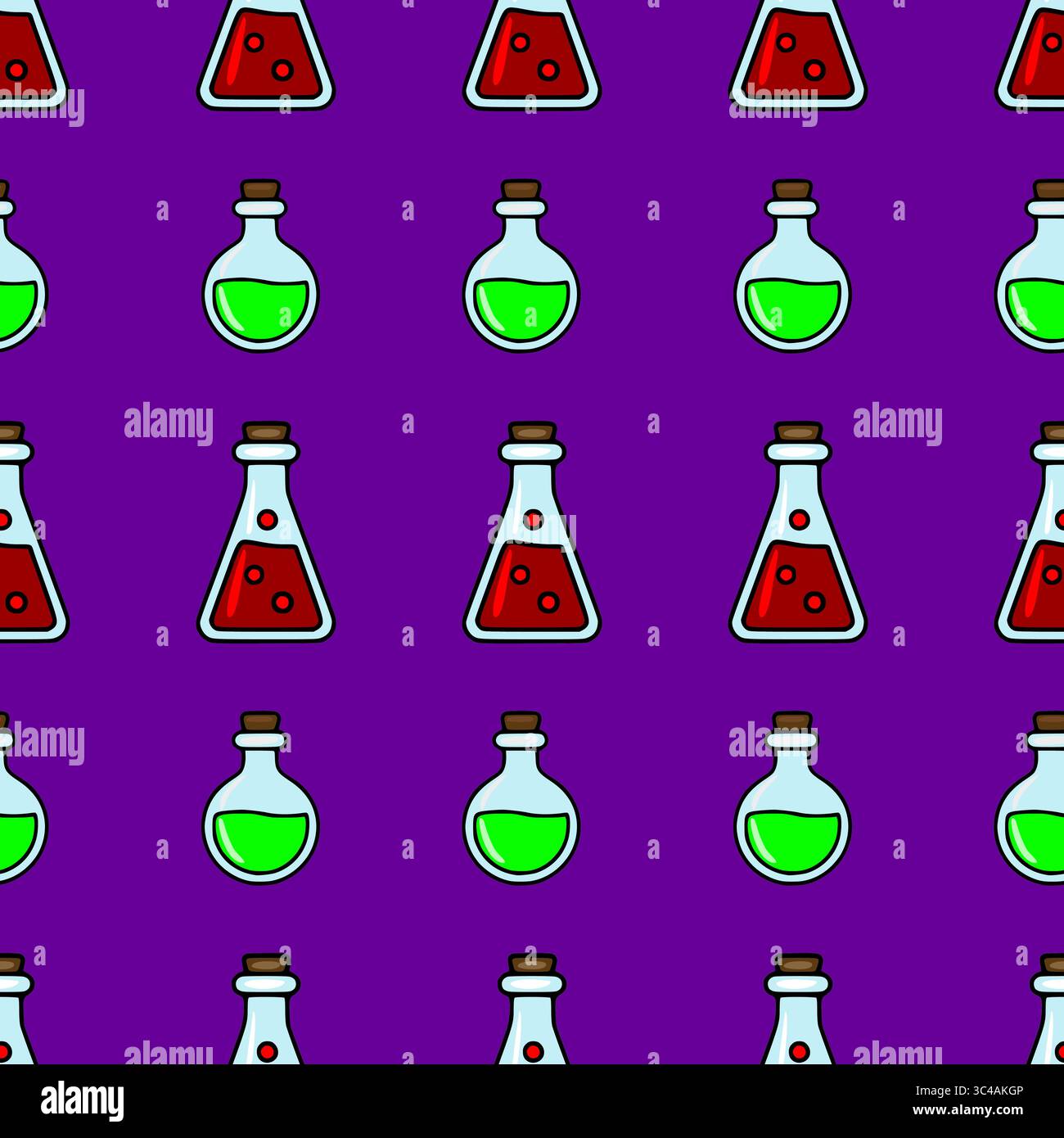 Seamless vector pattern featuring cartoonish flasks with red and green liquids, perfect for Halloween or science-themed designs. Stock Vector