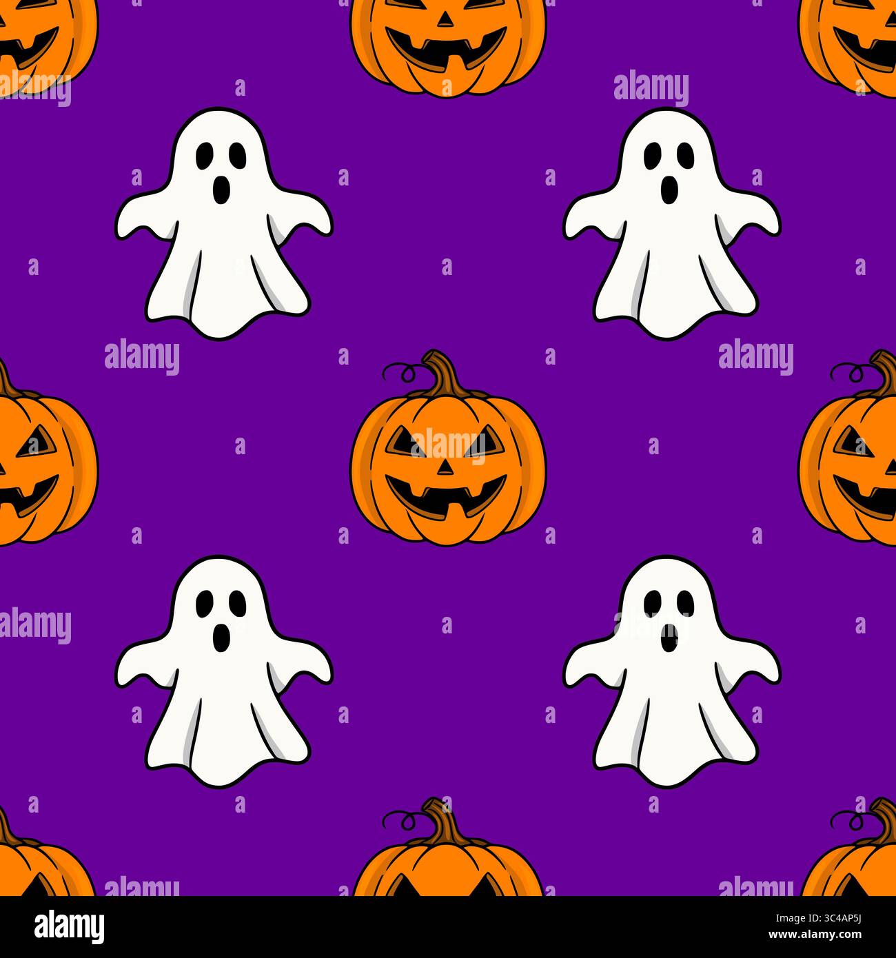Seamless vector Halloween pattern with cute cartoon pumpkins and ...