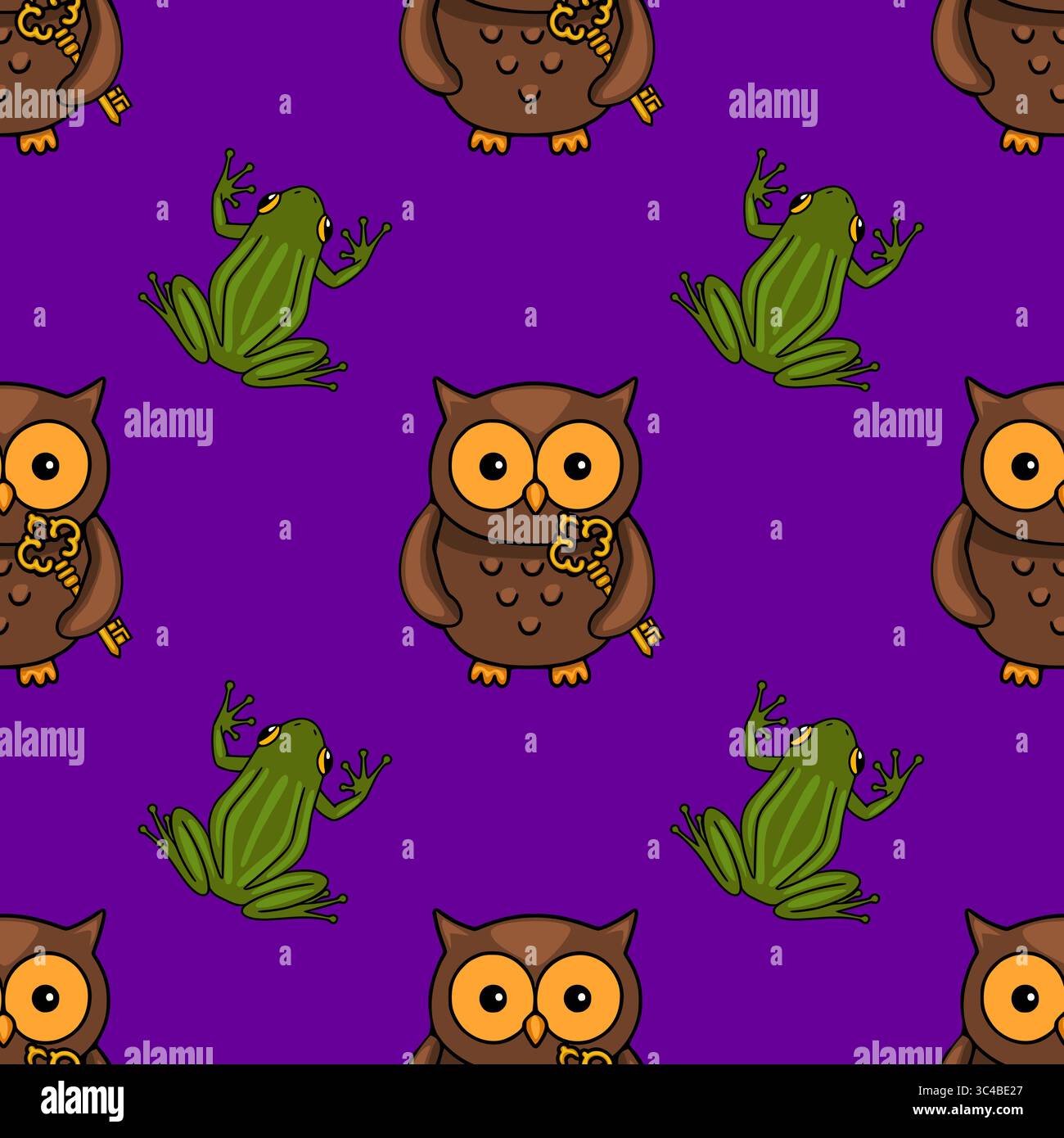 Seamless vector pattern featuring adorable cartoon owls holding golden keys and playful green frogs on a vibrant purple background, ideal for Hallowee Stock Vector