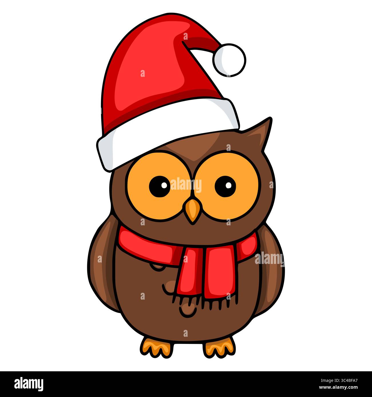 Adorable vector illustration of a brown owl wearing a red Santa hat and ...