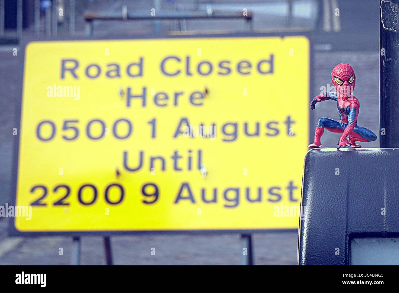 Glasgow, Scotland, UK. 28th July, 2025. New spiderman film preparations as roads are closed, signs masked and barriers are brought in as the first stage preparations in the city centre for New spiderman film Spider-Man 4, officially titled Spider-Man: Brand New Day. Credit Gerard Ferry /Alamy Live News Stock Photo