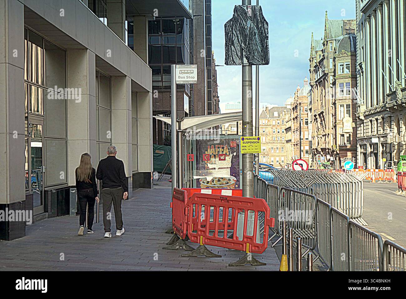 Glasgow, Scotland, UK. 28th July, 2025. New spiderman film preparations as roads are closed, signs masked and barriers are brought in as the first stage preparations in the city centre for New spiderman film Spider-Man 4, officially titled Spider-Man: Brand New Day. Credit Gerard Ferry /Alamy Live News Stock Photo