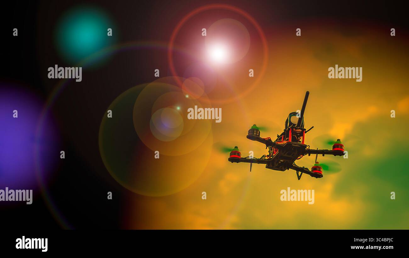 flying DIY drone in abstract space environment Stock Photo
