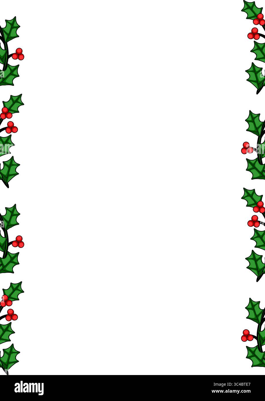 Festive Christmas vector border design featuring a repeating pattern of holly leaves and red berries, ideal for holiday cards, invitations, or festive Stock Vector
