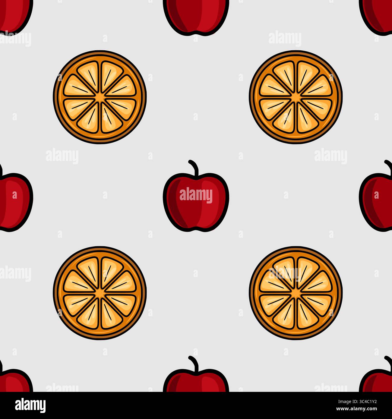 Seamless vector pattern of stylized red apples and orange slices on a light gray background, creating a minimalist and refreshing design. Stock Vector