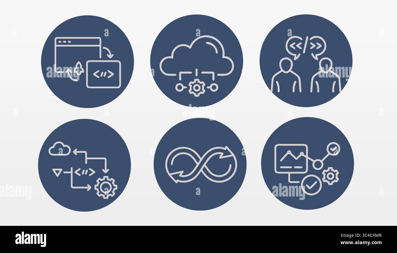 DevOps icons set illustration. Development operations process methodology strategy. Software engineering cloud automation communication. Line art desi Stock Vector