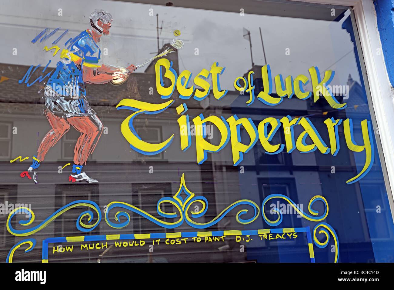 Painted shop windows, Up Tipp, Best of luck Tipperary, All-Ireland Senior Hurling Championship 2025 Stock Photo