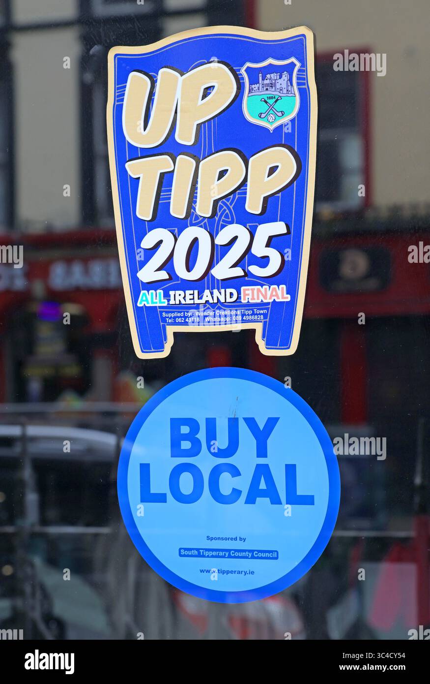 Shop windows, Up Tipp 2025, Best of luck Tipperary, All-Ireland Senior Hurling Championship 2025 Stock Photo