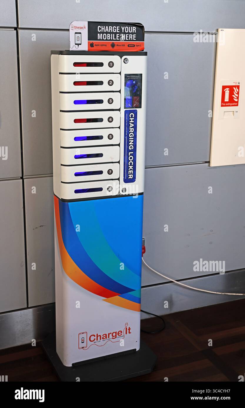 ChargeIt airport charging station locker at Cork Airport, Ireland - Charge Your Mobile Here , from Charge.it.IE, IE Stock Photo