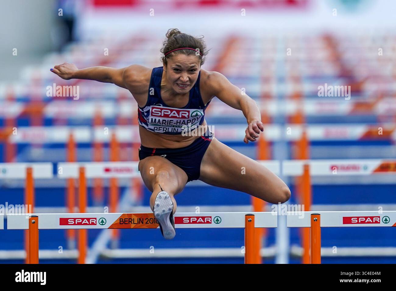 August 9, 2018: Diane Marie-Hardy of Â France during 100 meter hurdles for women as part of the Heptatlon at the Olympic Stadium in Berlin at the European Athletics Championship. Ulrik Pedersen/CSM(Credit Image: &copy; Ulrik Pedersen/CSM via ZUMA Wire) Stock Photo