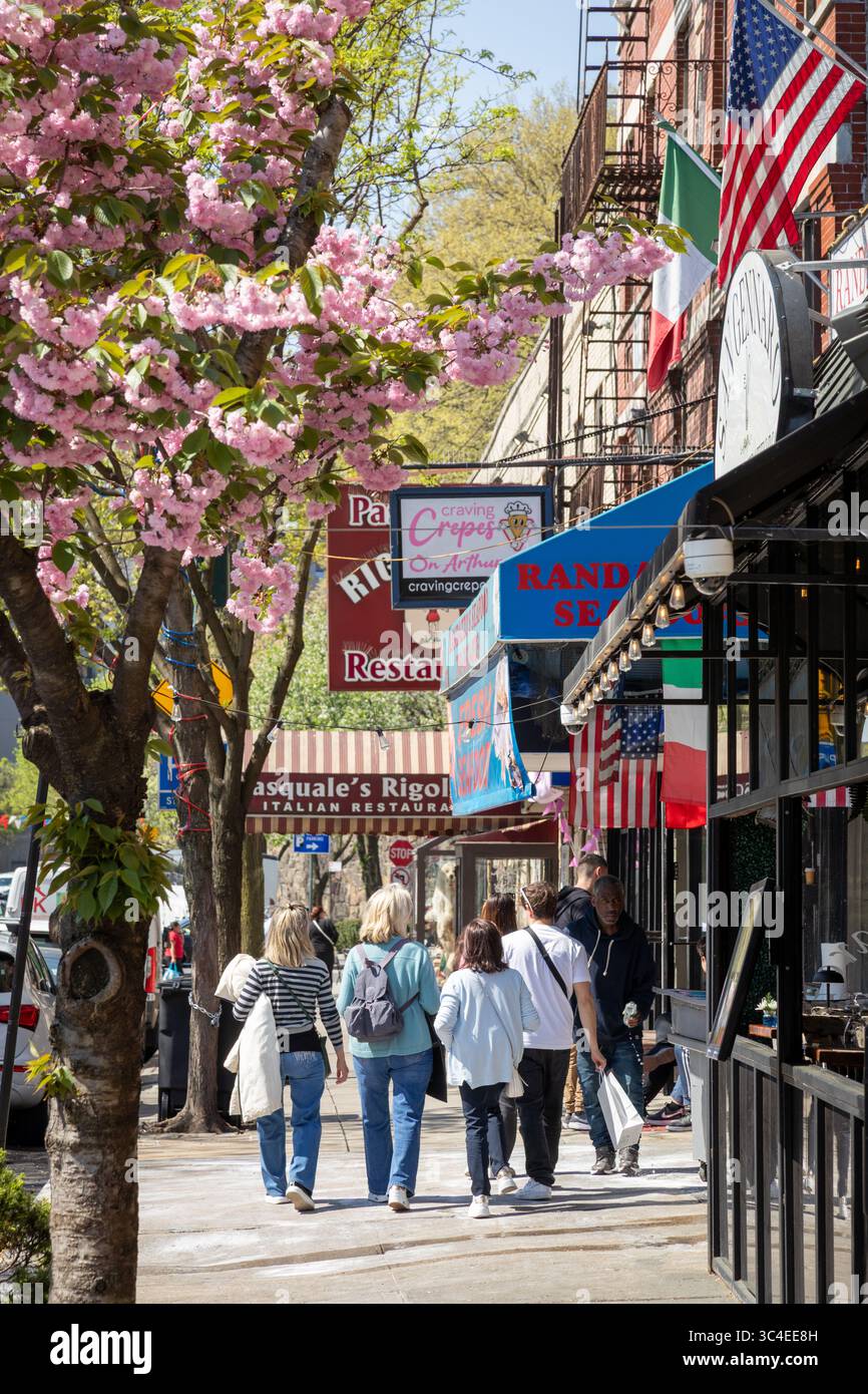 Arthur Avenue is a street in the Belmont neighborhood of the Bronx, New York City, which serves as the center of the Bronx's "Little Italy". Stock Photo