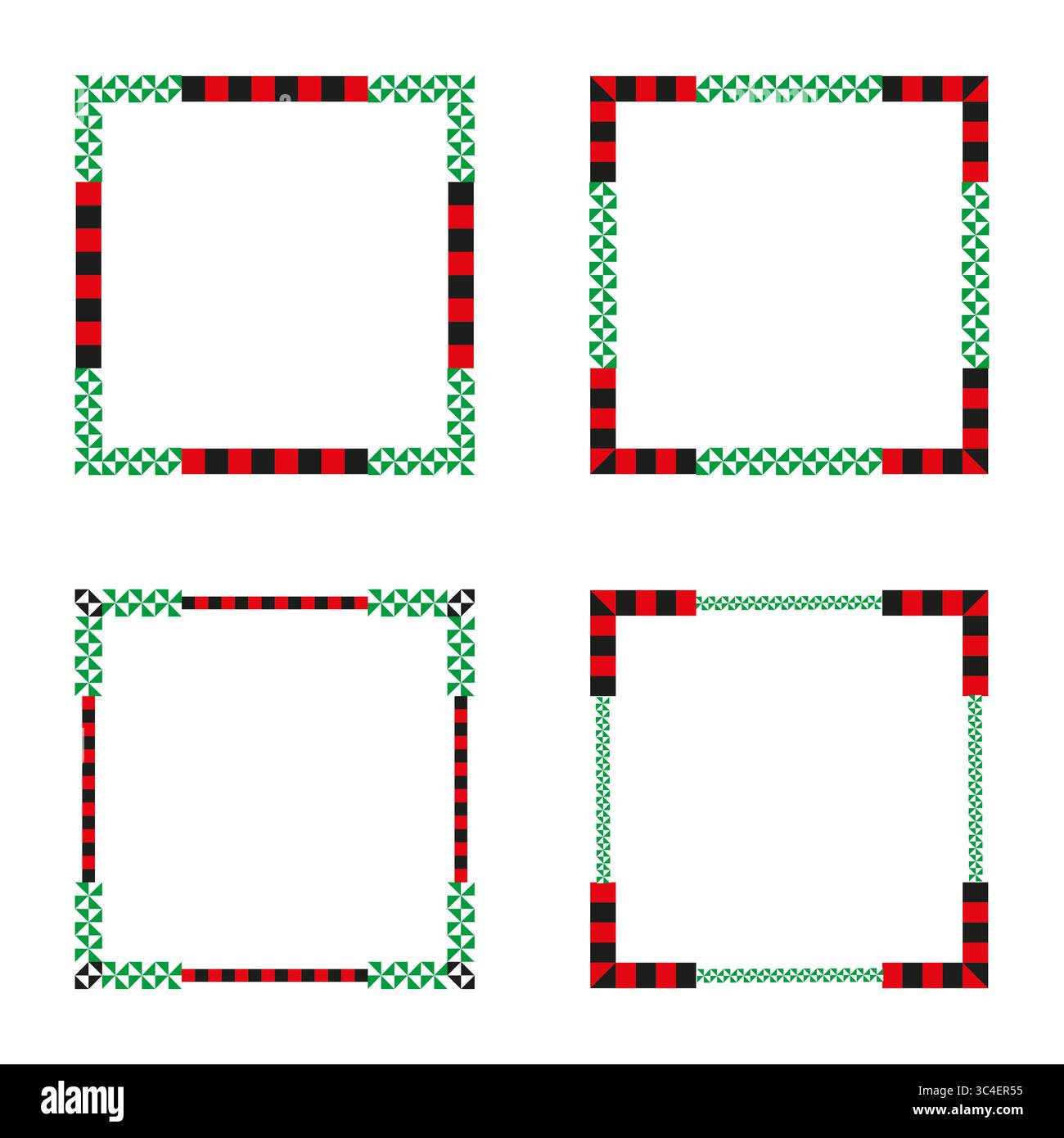 Geometric square frames. Red black stripes and green patterns. Festive contrast. Stock Vector