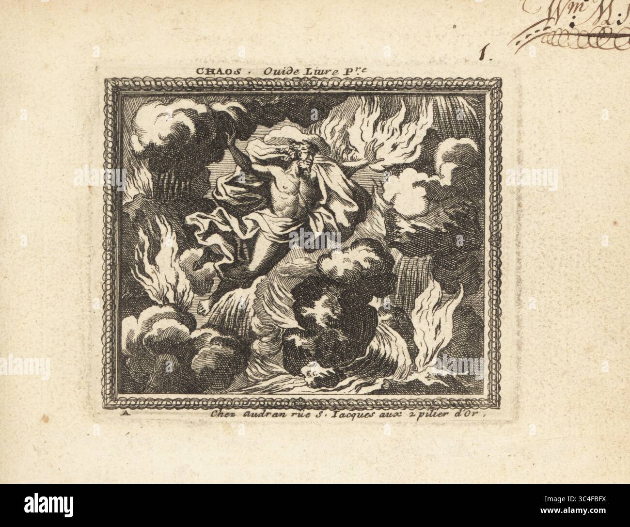 A bearded god creates order from chaos.  A male figure in billowing robe separates fire, water, air, wind, rock, into the elements. Chaos. Ovide Livre Premiere. Copperplate engraving by Francois Chauveau from Metamorphoses d’Ovide en Rondeaux, Ovid’s Metamorphoses, chez Audran, rue St. Jacques, Paris, 1676. Stock Photo