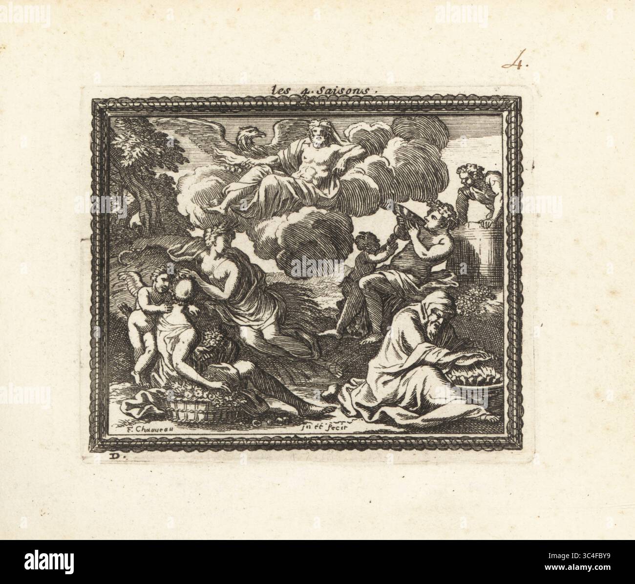 The Four Seasons. Jupiter with eagle divides the year into four seasons: Spring, Summer, Autumn and Winter. Roman gods Bacchus with grapes, Vulcan with flaming coals, Venus and Cupid with flowers, etc. Les 4 saisons. Copperplate engraving by Francois Chauveau from Metamorphoses d’Ovide en Rondeaux, Ovid’s Metamorphoses, chez Audran, Paris, 1676. Stock Photo