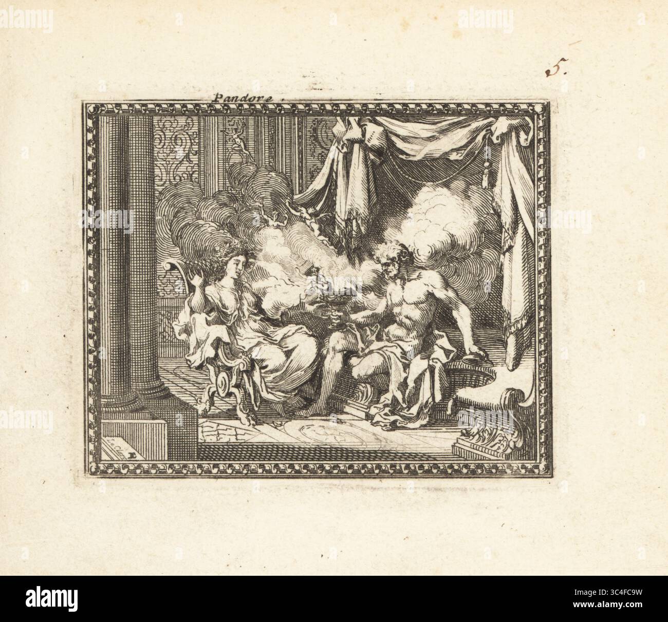 Pandora releasing curses into the world. In a classical room, Pandora throws up her hands in shock as her husband Epimetheus opens a large jar or pithos. A cloud of spirits, imps and evils flies out. Copperplate engraving by Sebastien LeClerc from Metamorphoses d’Ovide, Engravings for Ovid’s Metamorphoses, chez Audran, Paris, 1676. Stock Photo